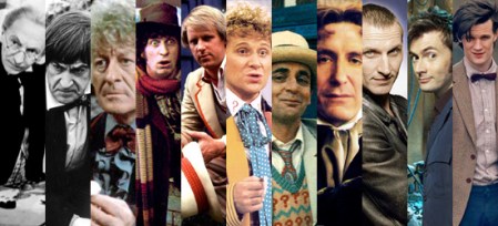 Toutes les incarnations connues du Docteur avec de gauche à droite : William Hartnell, Patrick Troughton, Jon Pertwee, Tom Baker, Peter Davison, Colin Baker, Sylvester McCoy, Paul McGann, Christopher Eccleston, David Tennant et Matt Smith